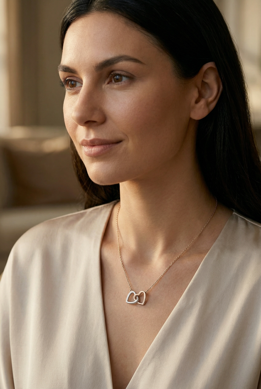 Double Interlocking Hearts 925 Sterling Silver Necklace by Stella Amoré