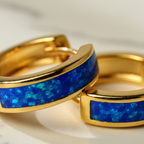 Blue Opal Earrings Gold, Minimalist Hoop Huggies, Coastal Jewelry, Everyday Earrings