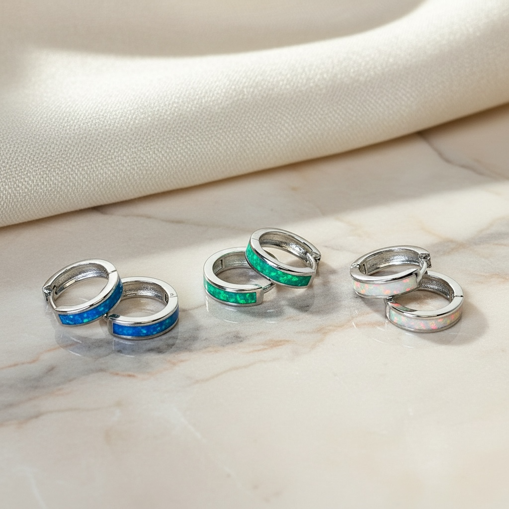 Opal Hoop Earrings | Elegant Silver Opal Huggie Set | Everyday White & Blue Opal Jewelry | October Birthstone Gift