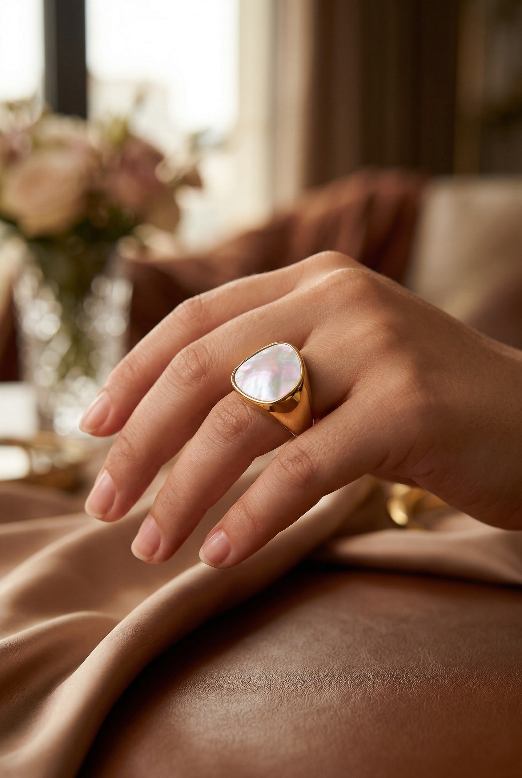 Chunky Mother of Pearl Ring | Adjustable Pinky Ring | Unique Summer Statement Jewelry | Vintage Gem by Stella Amoré