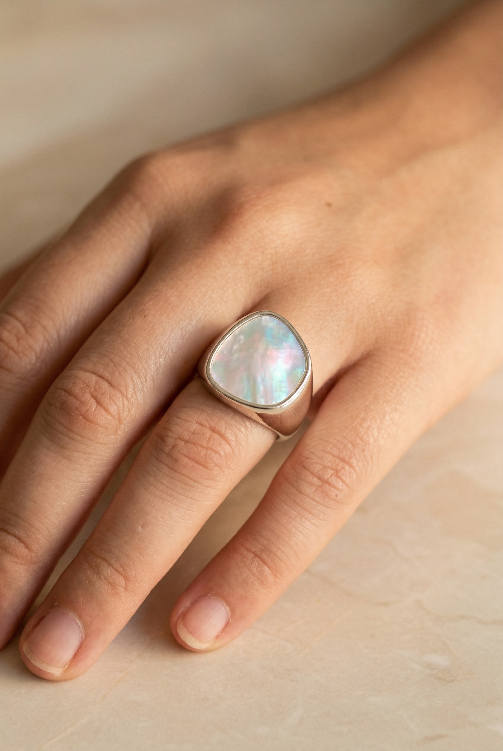 Chunky Mother of Pearl Ring | Adjustable Pinky Ring | Unique Summer Statement Jewelry | Vintage Gem by Stella Amoré