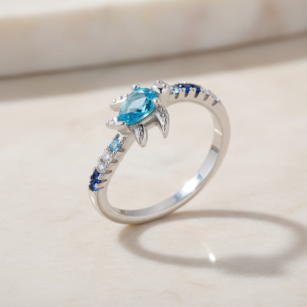 Sea Turtle Ring | Dainty Aquamarine Ocean Jewelry | Cute Silver Tortoise Ring | March Birthstone