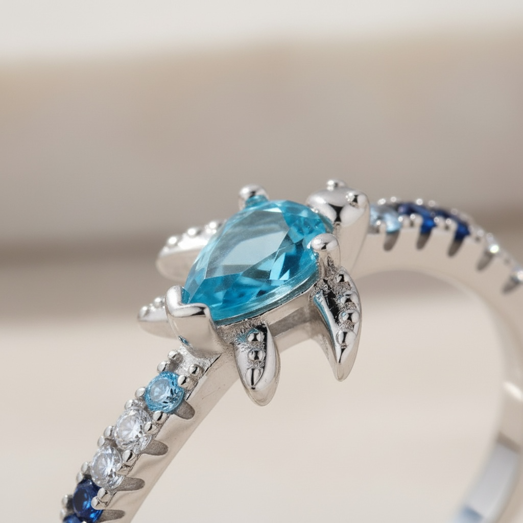 Sea Turtle Ring | Dainty Aquamarine Ocean Jewelry | Cute Silver Tortoise Ring | March Birthstone