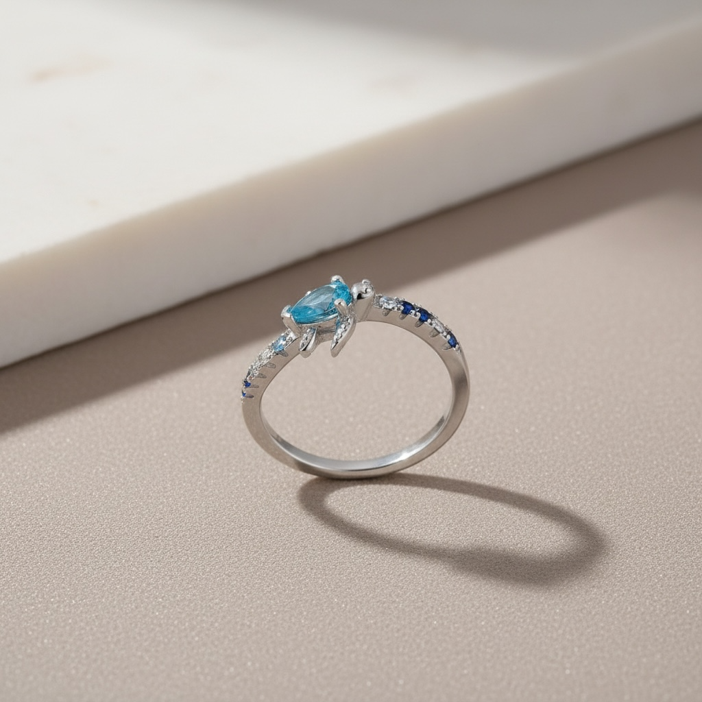 Sea Turtle Ring | Dainty Aquamarine Ocean Jewelry | Cute Silver Tortoise Ring | March Birthstone