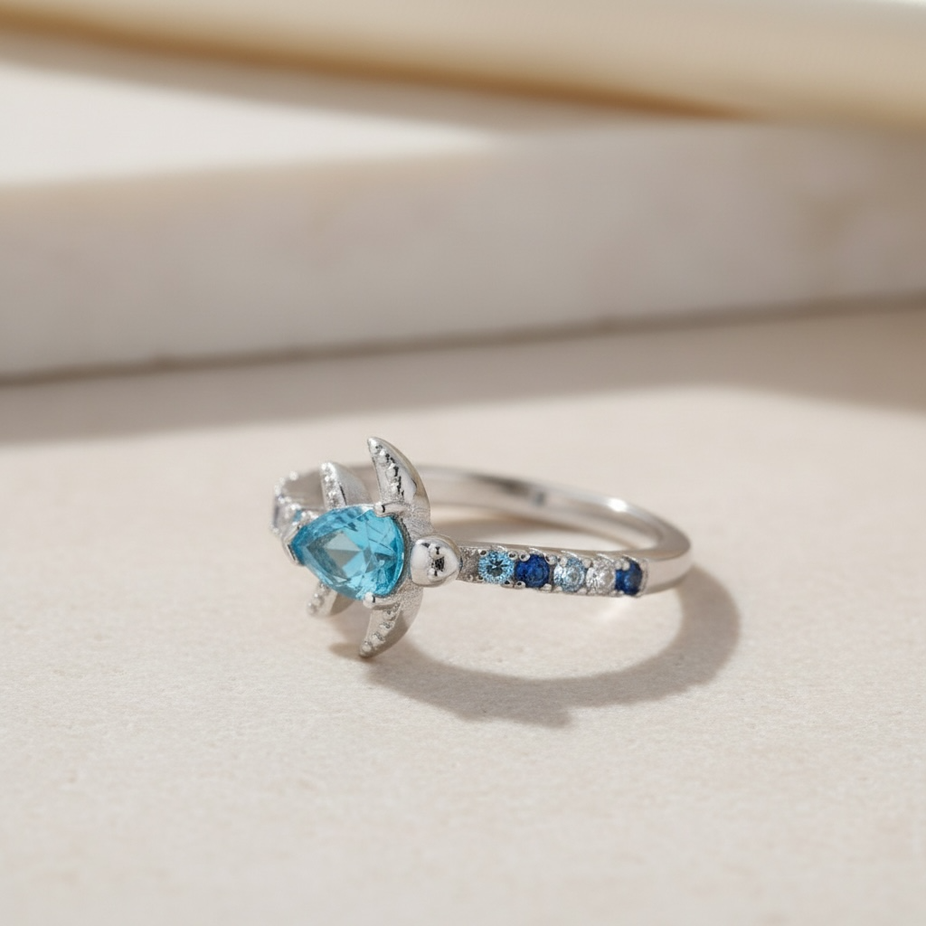 Sea Turtle Ring | Dainty Aquamarine Ocean Jewelry | Cute Silver Tortoise Ring | March Birthstone