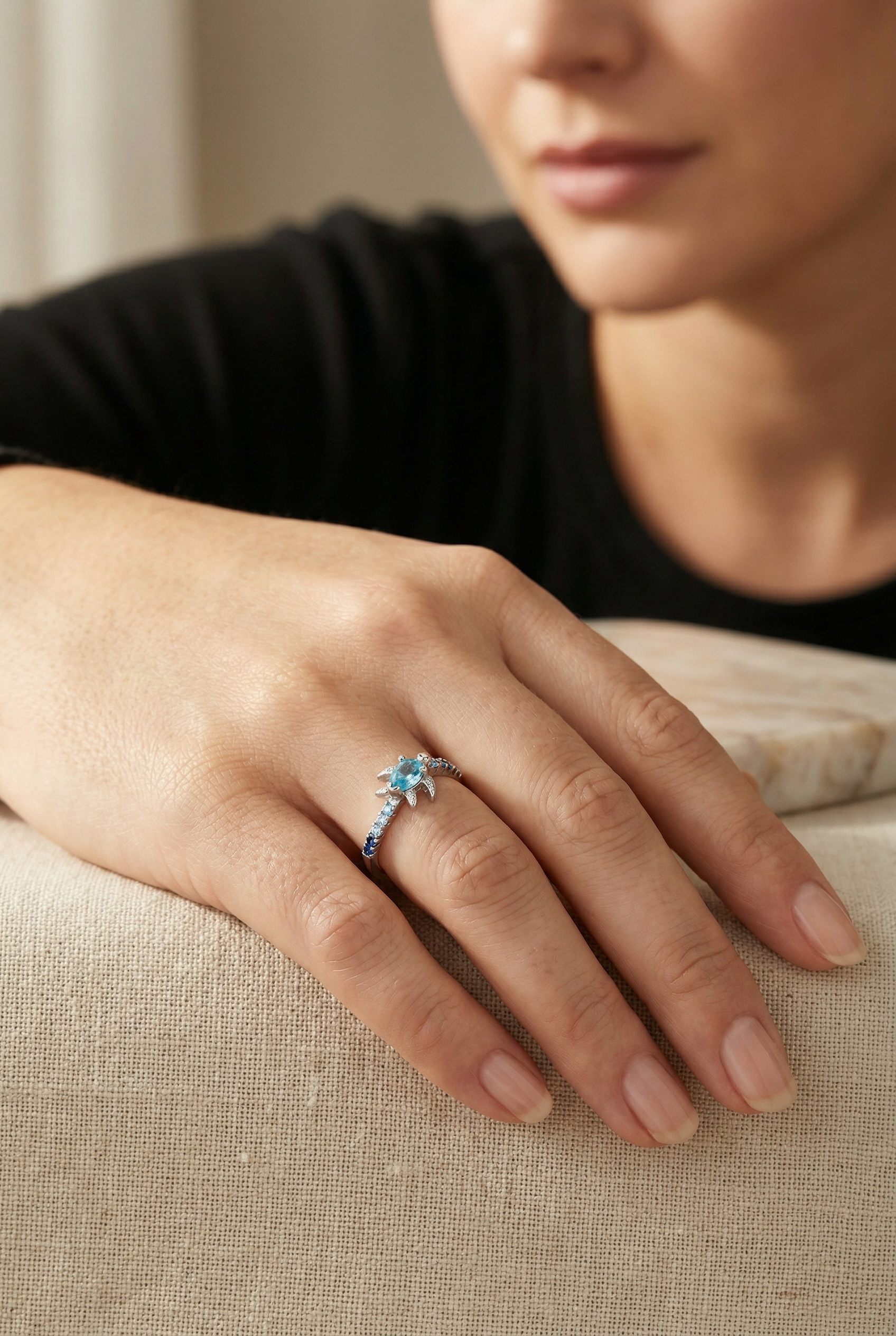 Sea Turtle Ring | Dainty Aquamarine Ocean Jewelry | Cute Silver Tortoise Ring | March Birthstone