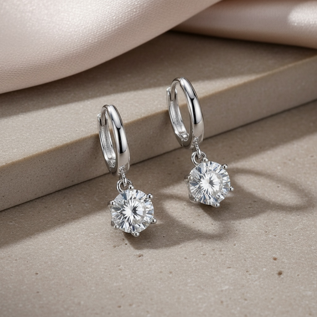 Moissanite Dangle Hoop Earrings | 925 Sterling Silver Diamond Drop Huggies | Small Silver Diamond Hoops | Everyday Sparkle Earrings