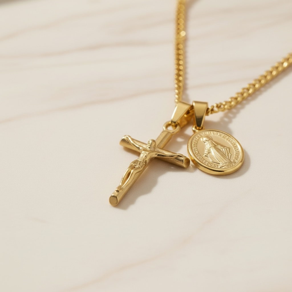 Crucifix Necklace for Men | Gold & Silver Jesus Cross Pendant on Cuban Link Chain | Christian Stainless Steel Cross Chain 20 22 24 Inch