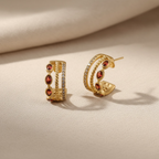 Gold Garnet Triple Hoop Earrings, January Birthstone Huggies, Oval Red Gemstone 18K Gold Stainless Steel Statement Hoops