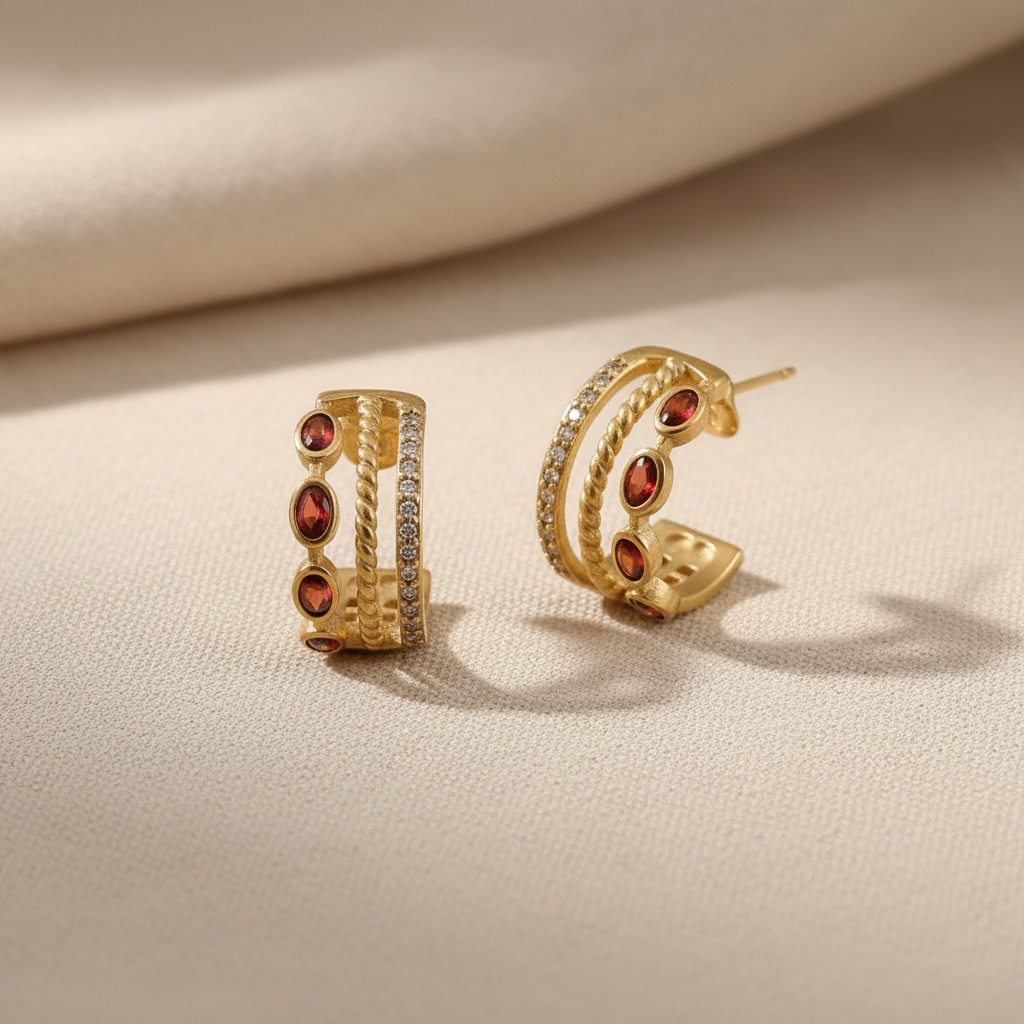 Gold Garnet Triple Hoop Earrings, January Birthstone Huggies, Oval Red Gemstone 18K Gold Stainless Steel Statement Hoops