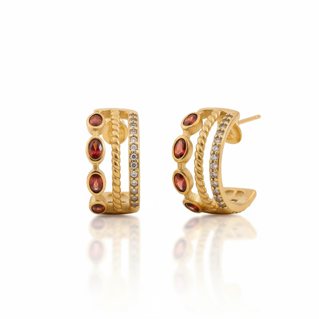 Gold Garnet Triple Hoop Earrings, January Birthstone Huggies, Oval Red Gemstone 18K Gold Stainless Steel Statement Hoops