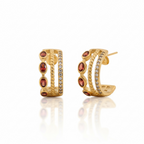 Gold Garnet Triple Hoop Earrings, January Birthstone Huggies, Oval Red Gemstone 18K Gold Stainless Steel Statement Hoops
