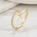 Gold & CZ Double Cross Ring by Stella Amoré: Adjustable Sterling Silver Christian Jewelry