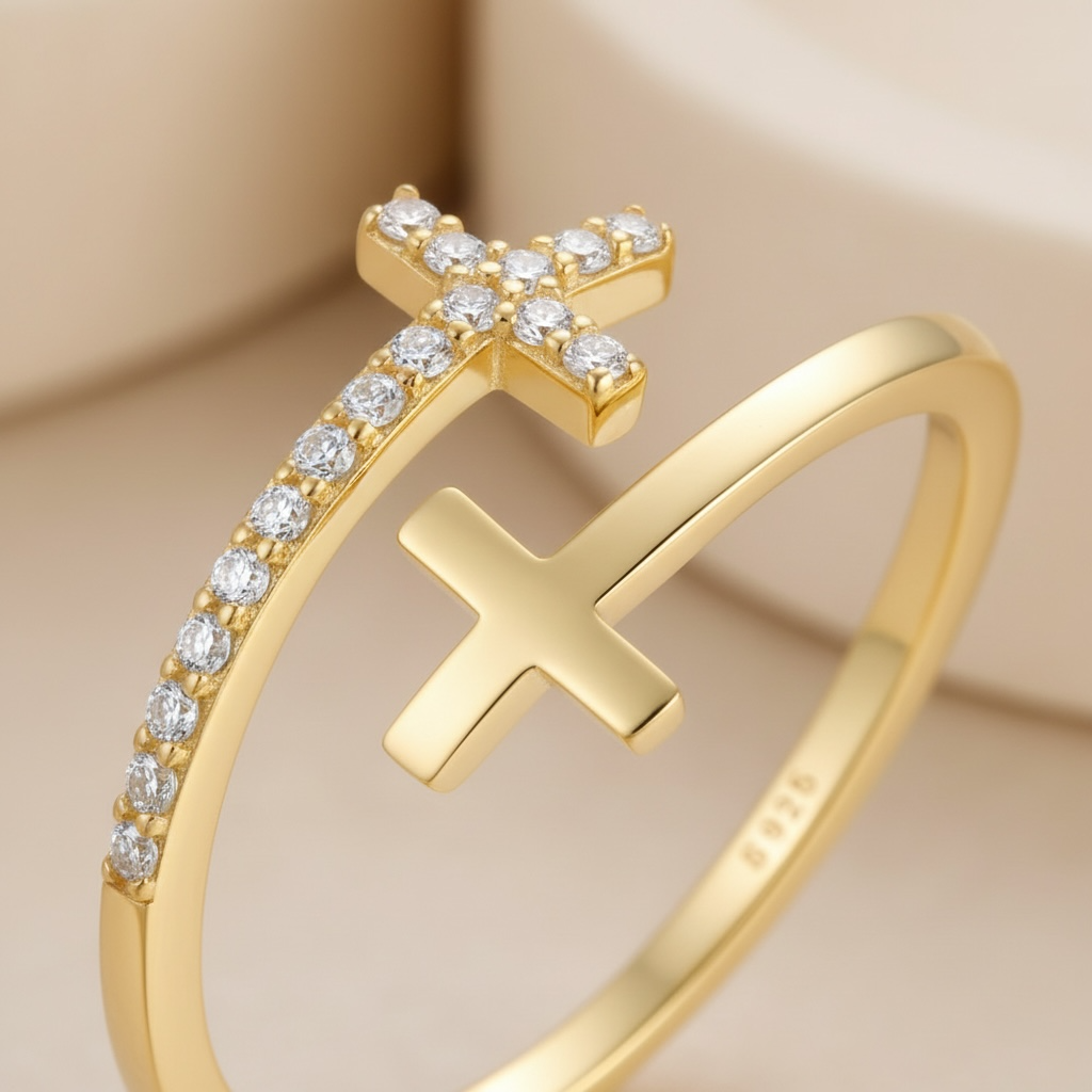 Gold & CZ Double Cross Ring by Stella Amoré: Adjustable Sterling Silver Christian Jewelry