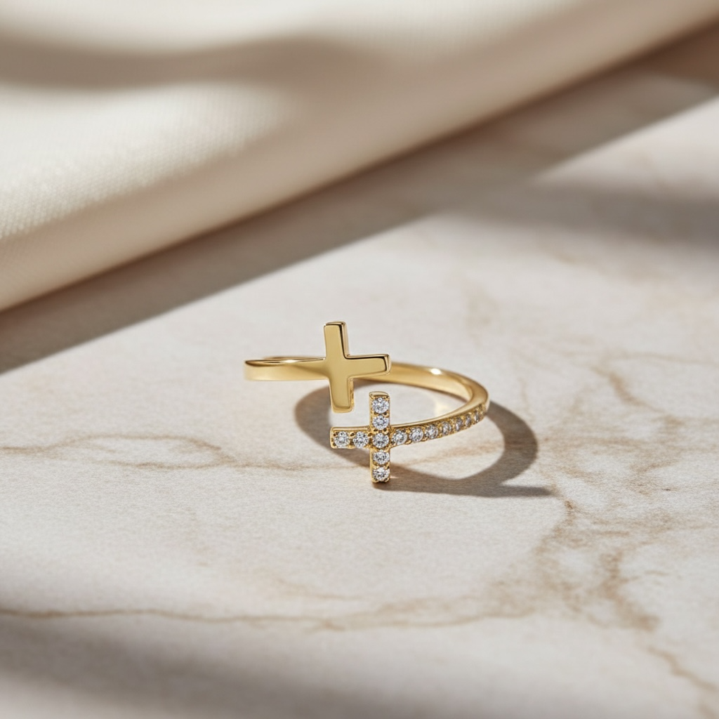 Gold & CZ Double Cross Ring by Stella Amoré: Adjustable Sterling Silver Christian Jewelry