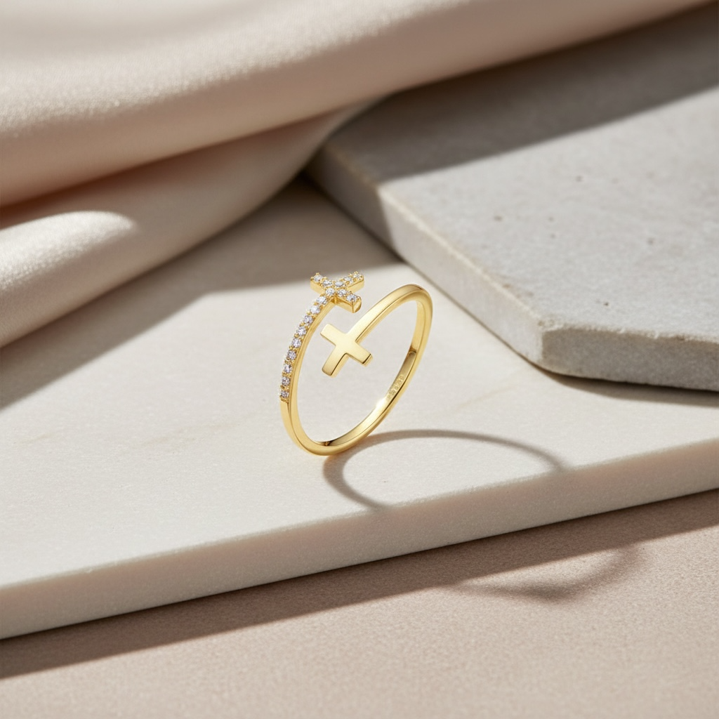 Gold & CZ Double Cross Ring by Stella Amoré: Adjustable Sterling Silver Christian Jewelry