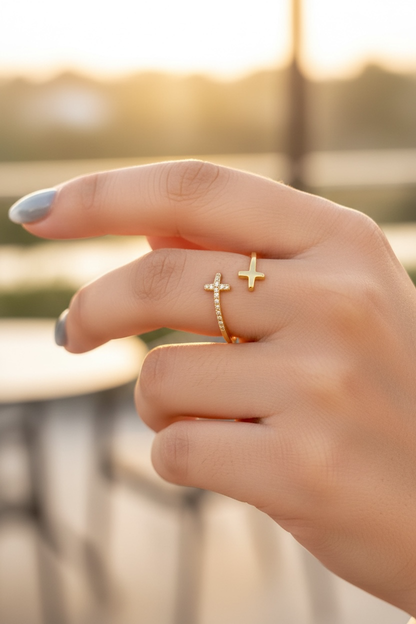 Gold & CZ Double Cross Ring by Stella Amoré: Adjustable Sterling Silver Christian Jewelry