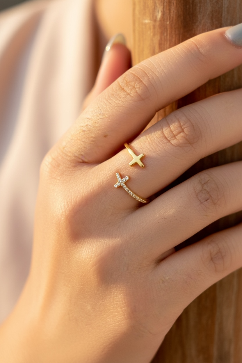 Gold & CZ Double Cross Ring by Stella Amoré: Adjustable Sterling Silver Christian Jewelry