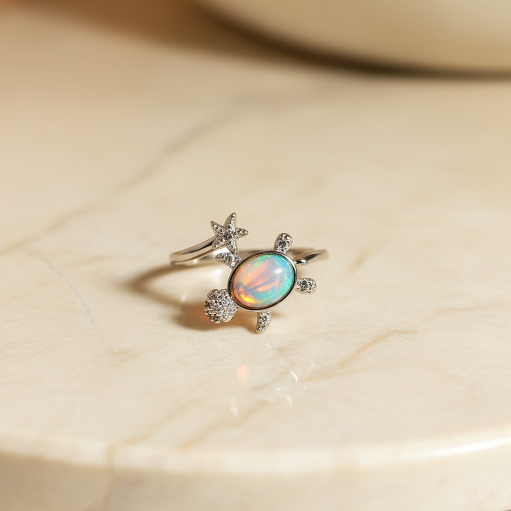 Turtle Ring | Adjustable Silver Opal Turtle Ring | Sea Turtle Jewelry for Beach Lovers