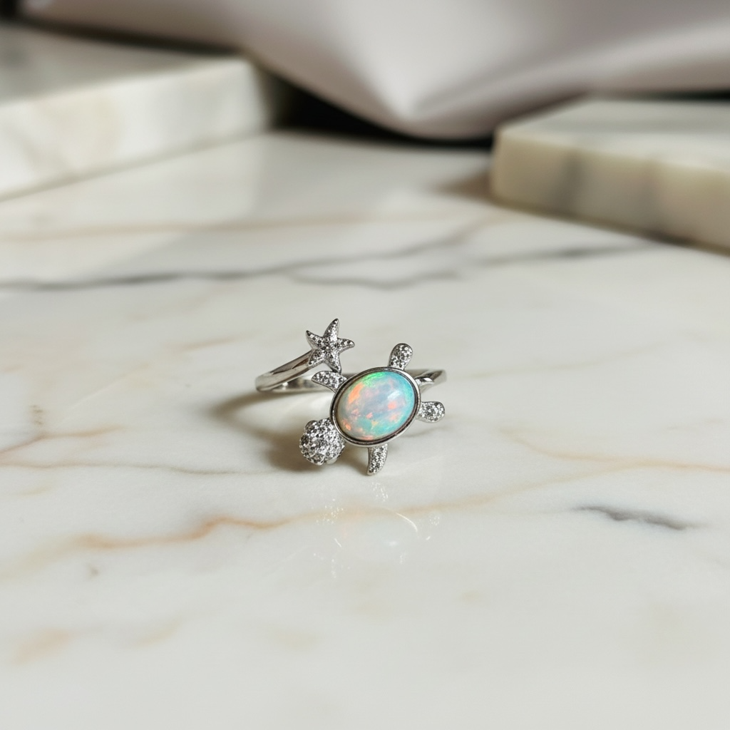 Turtle Ring | Adjustable Silver Opal Turtle Ring | Sea Turtle Jewelry for Beach Lovers