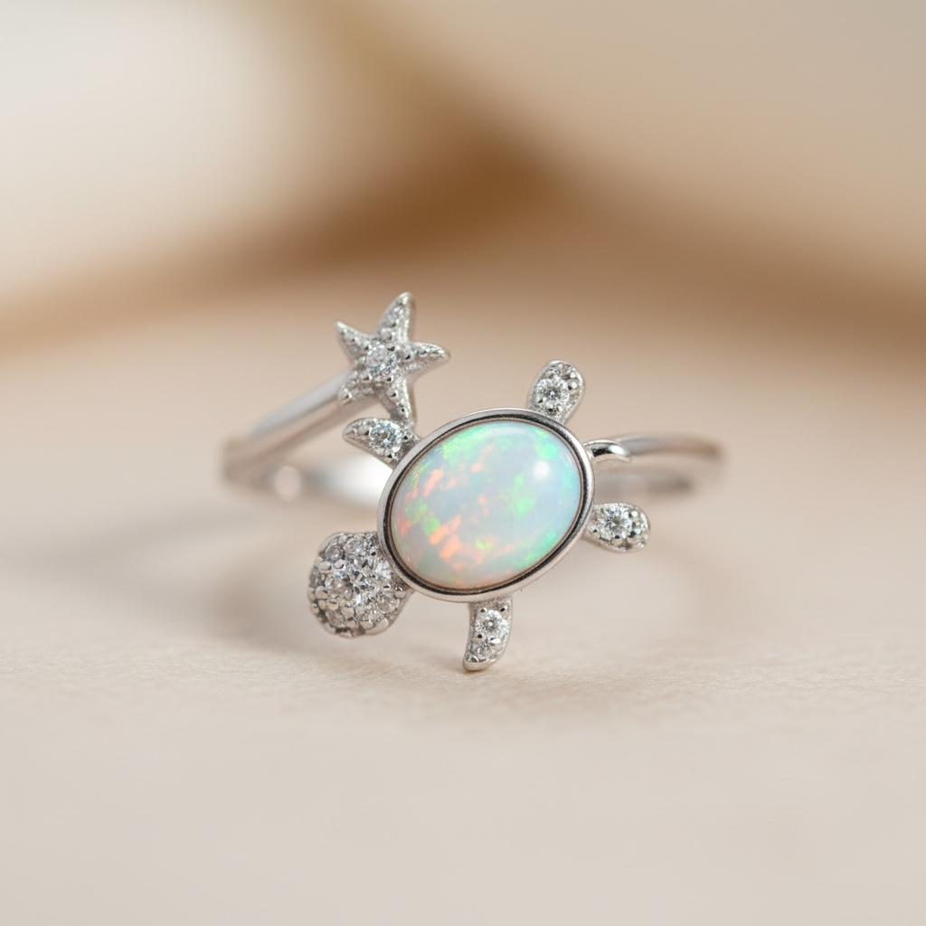Turtle Ring | Adjustable Silver Opal Turtle Ring | Sea Turtle Jewelry for Beach Lovers