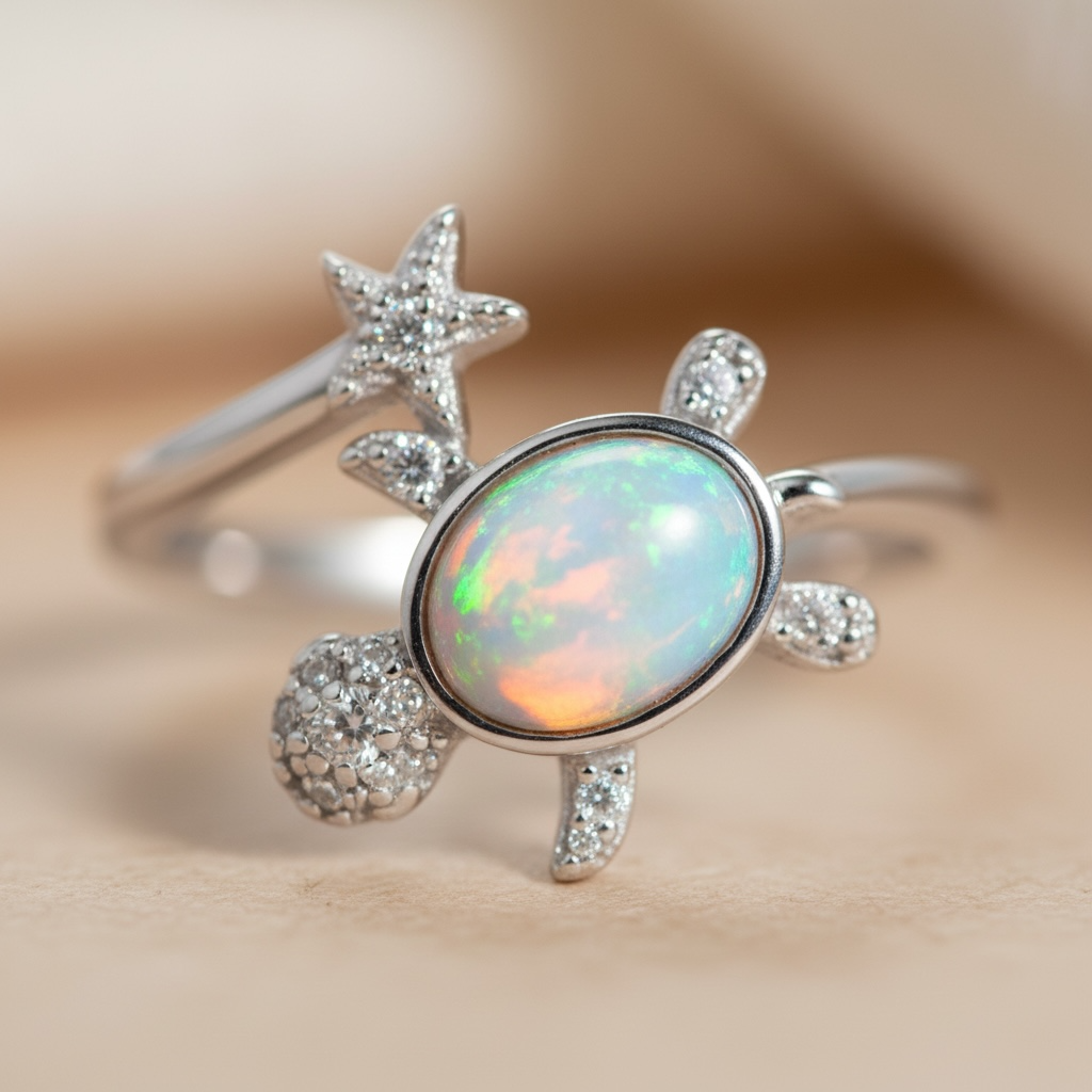 Turtle Ring | Adjustable Silver Opal Turtle Ring | Sea Turtle Jewelry for Beach Lovers