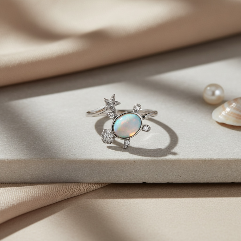 Turtle Ring | Adjustable Silver Opal Turtle Ring | Sea Turtle Jewelry for Beach Lovers