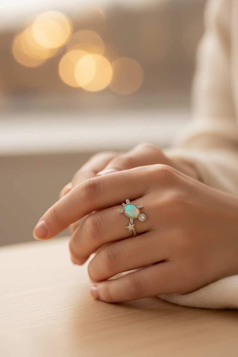 Turtle Ring | Adjustable Silver Opal Turtle Ring | Sea Turtle Jewelry for Beach Lovers