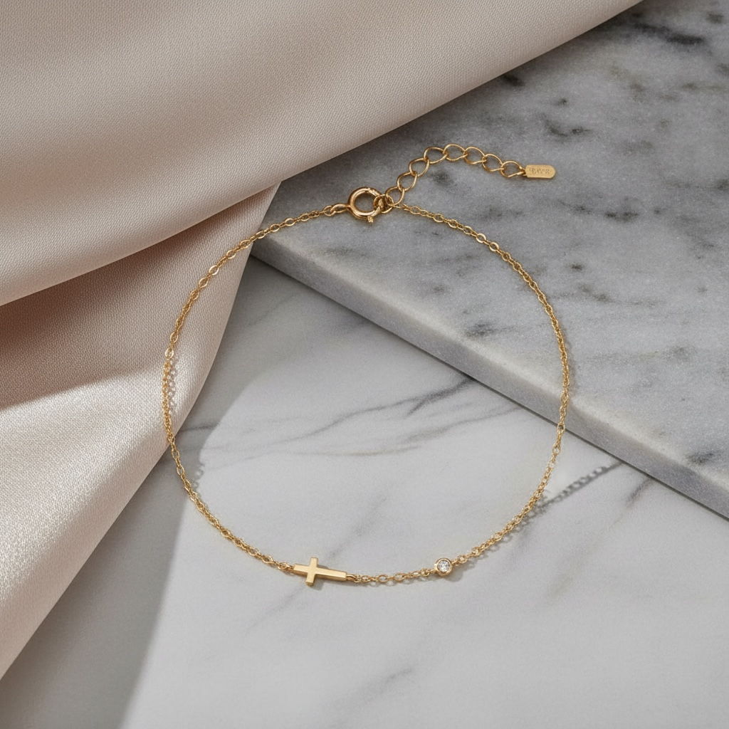 Sideways Cross Bracelet • 14K Gold Vermeil, CZ Diamond • Christian Gift