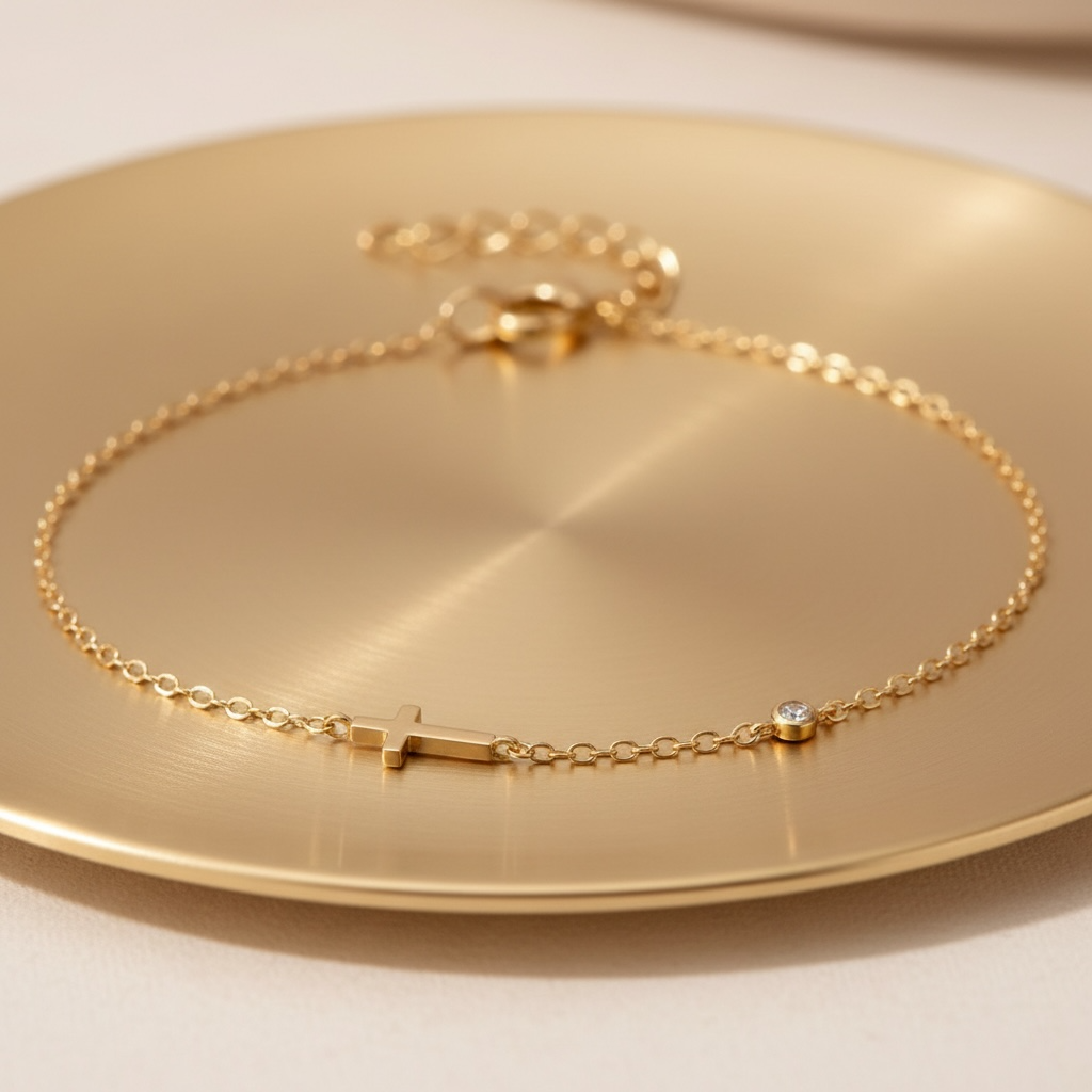 Sideways Cross Bracelet • 14K Gold Vermeil, CZ Diamond • Christian Gift