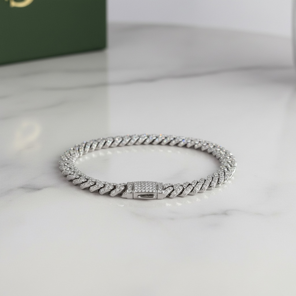 Moissanite Cuban Link Bracelet: 925 Sterling Silver, 18k White Gold Vermeil