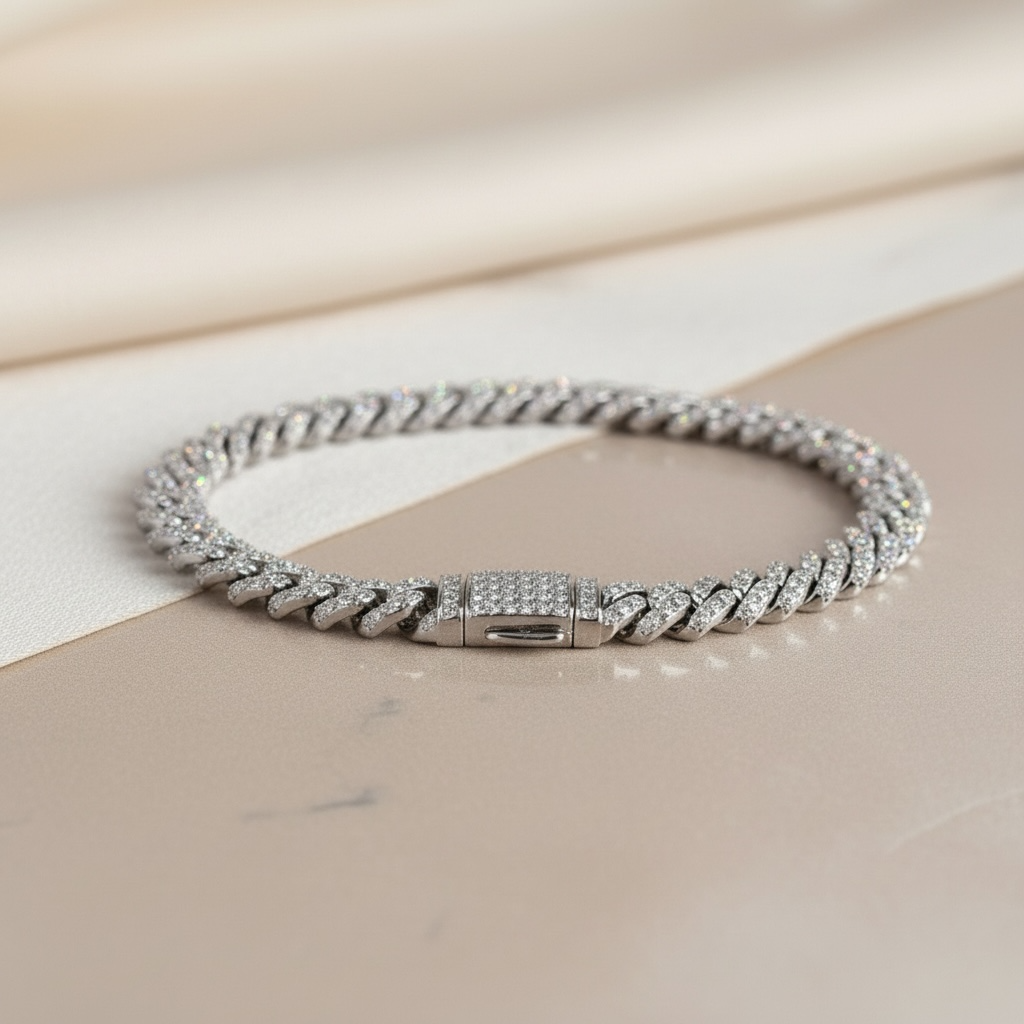 Moissanite Cuban Link Bracelet: 925 Sterling Silver, 18k White Gold Vermeil