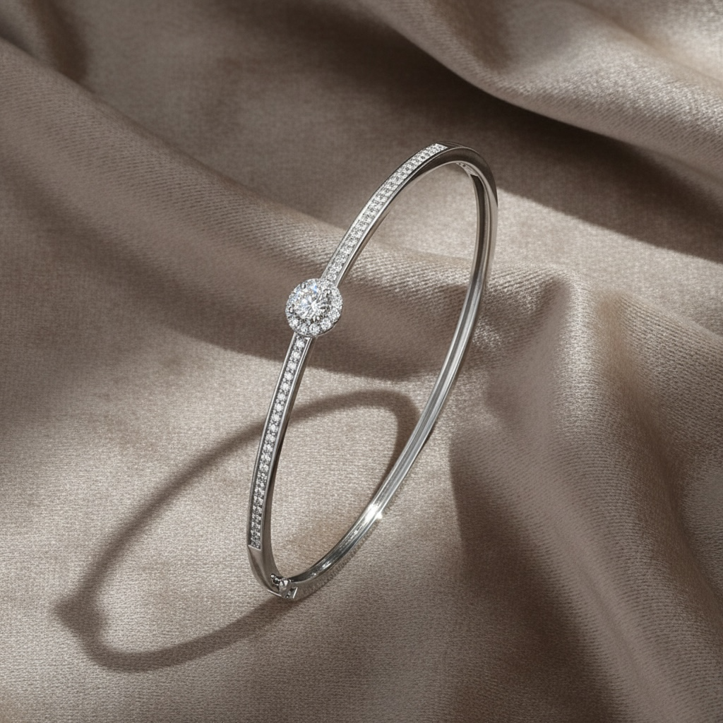Solitaire Diamond Bangle Bracelet – White Gold Vermeil over Sterling Silver, Pave CZ Bridal Jewelry, Promise Gift for Her