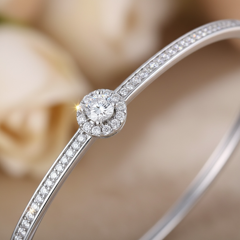 Solitaire Diamond Bangle Bracelet – White Gold Vermeil over Sterling Silver, Pave CZ Bridal Jewelry, Promise Gift for Her