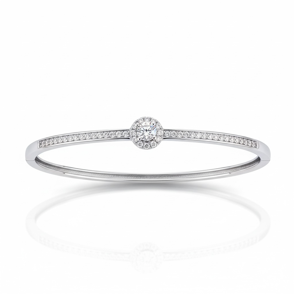 Solitaire Diamond Bangle Bracelet – White Gold Vermeil over Sterling Silver, Pave CZ Bridal Jewelry, Promise Gift for Her