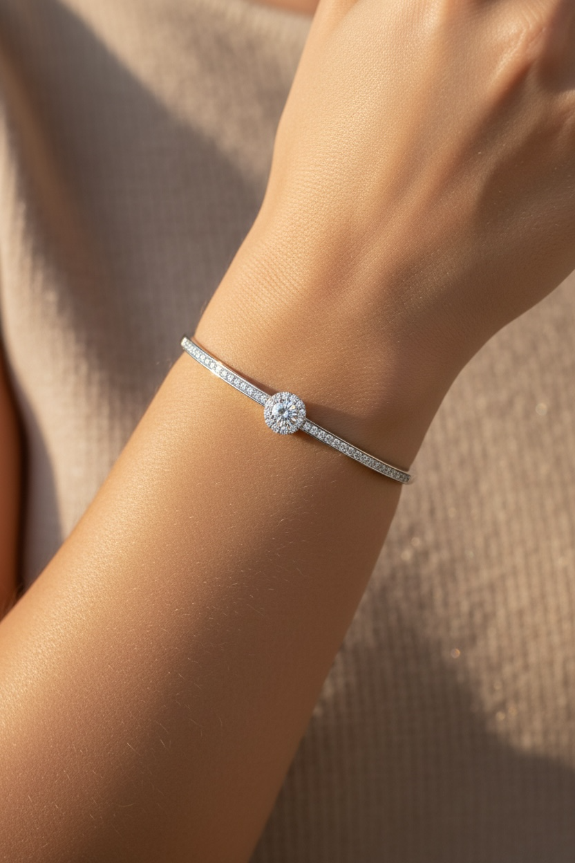 Solitaire Diamond Bangle Bracelet – White Gold Vermeil over Sterling Silver, Pave CZ Bridal Jewelry, Promise Gift for Her