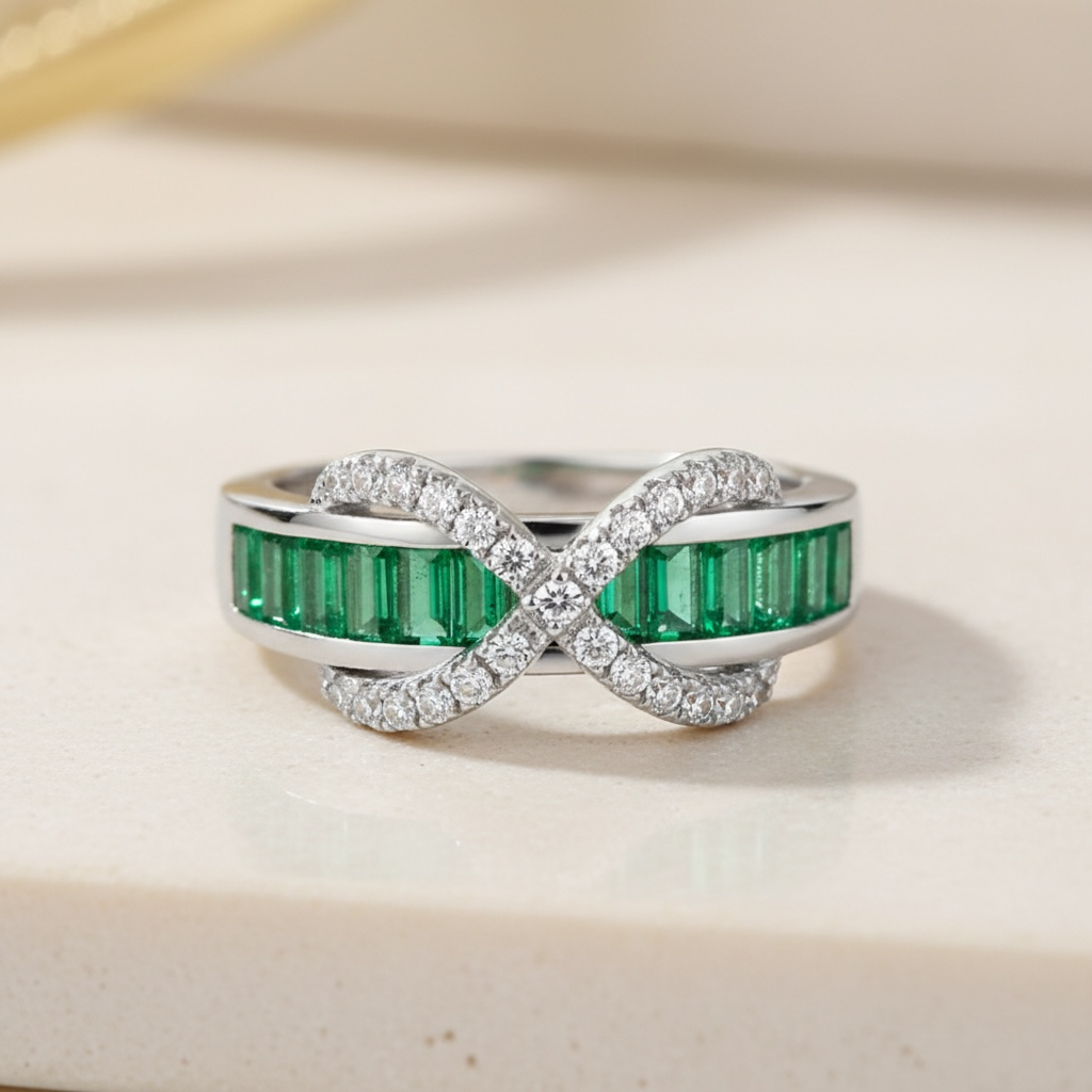Emerald Baguette Cut Eternity Ring with Infinity Sign by Stella Amoré