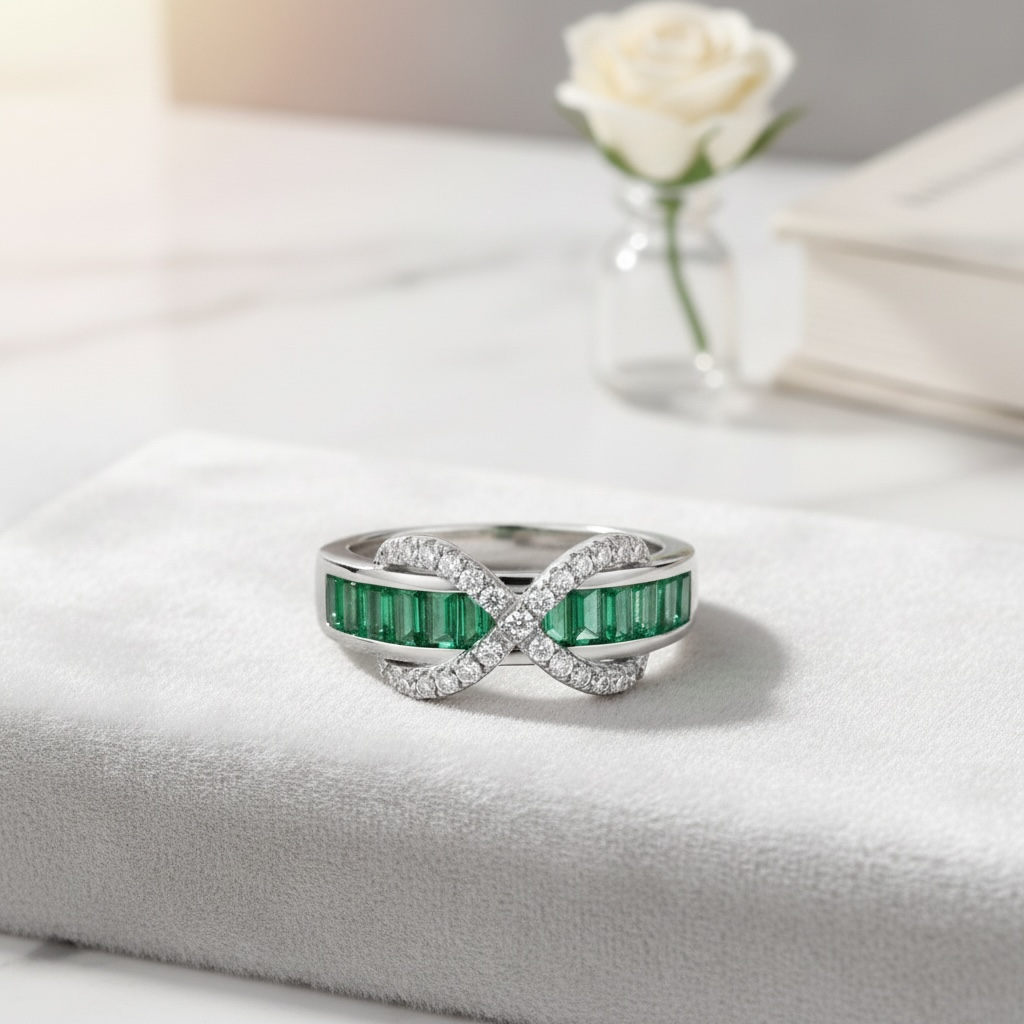 Emerald Baguette Cut Eternity Ring with Infinity Sign by Stella Amoré