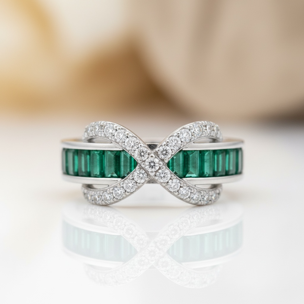 Emerald Baguette Cut Eternity Ring with Infinity Sign by Stella Amoré