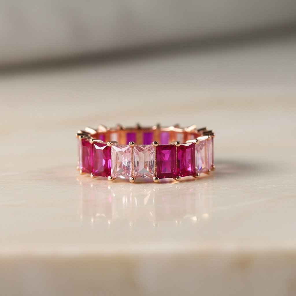 Baguette Eternity Ring — Full Eternity Band with Pink Ruby CZ • Emerald Cut Stacking Ring • Dainty Anniversary Gift for Girlfriend or Sister