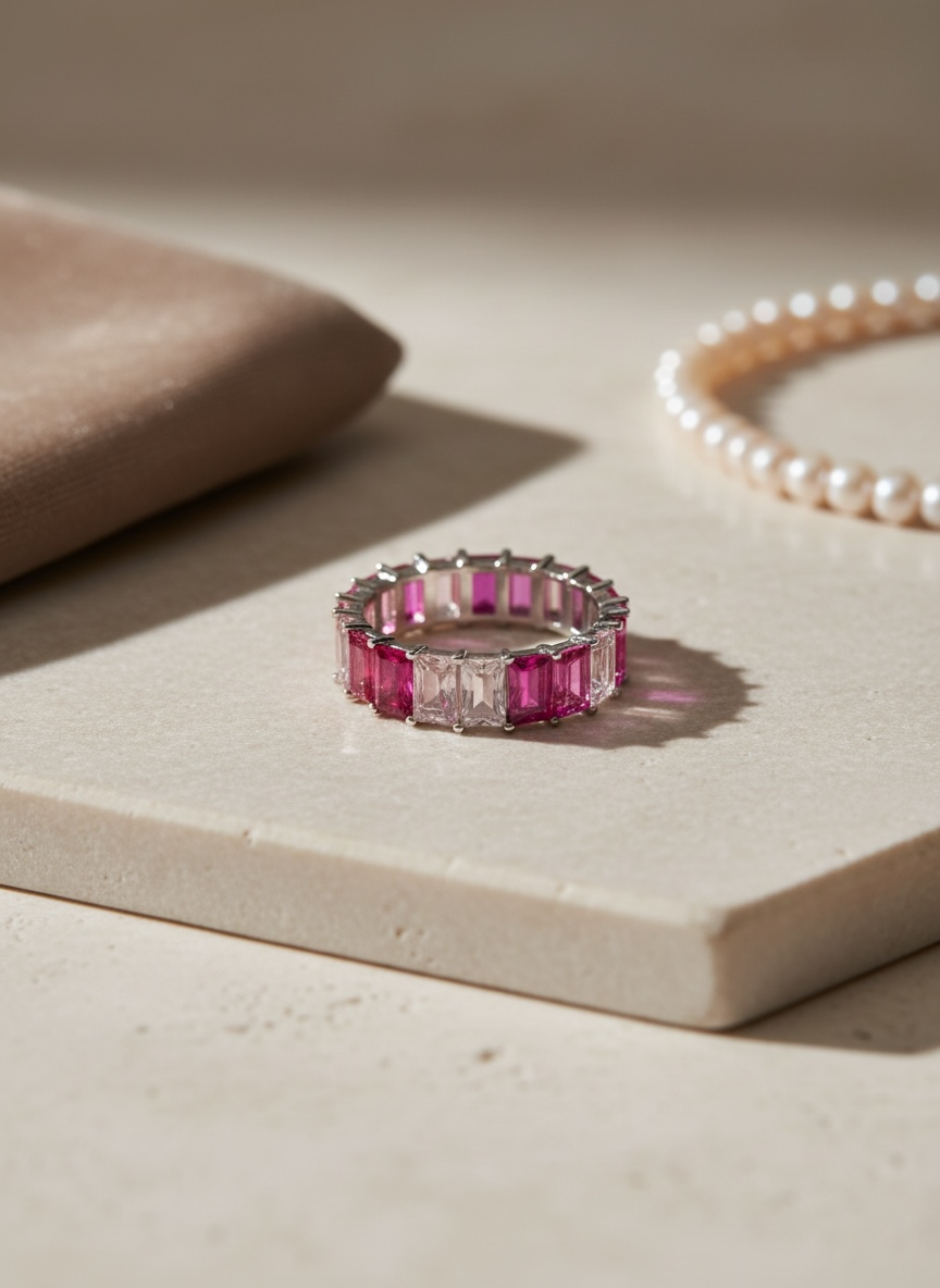 Baguette Eternity Ring — Full Eternity Band with Pink Ruby CZ • Emerald Cut Stacking Ring • Dainty Anniversary Gift for Girlfriend or Sister