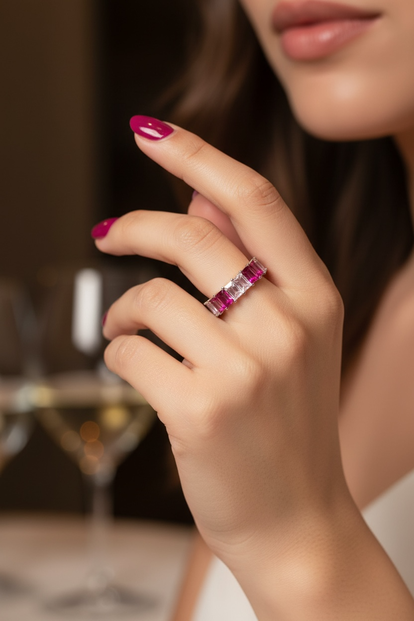 Baguette Eternity Ring — Full Eternity Band with Pink Ruby CZ • Emerald Cut Stacking Ring • Dainty Anniversary Gift for Girlfriend or Sister