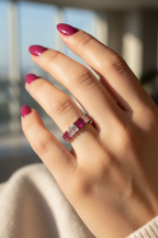 Baguette Eternity Ring — Full Eternity Band with Pink Ruby CZ • Emerald Cut Stacking Ring • Dainty Anniversary Gift for Girlfriend or Sister