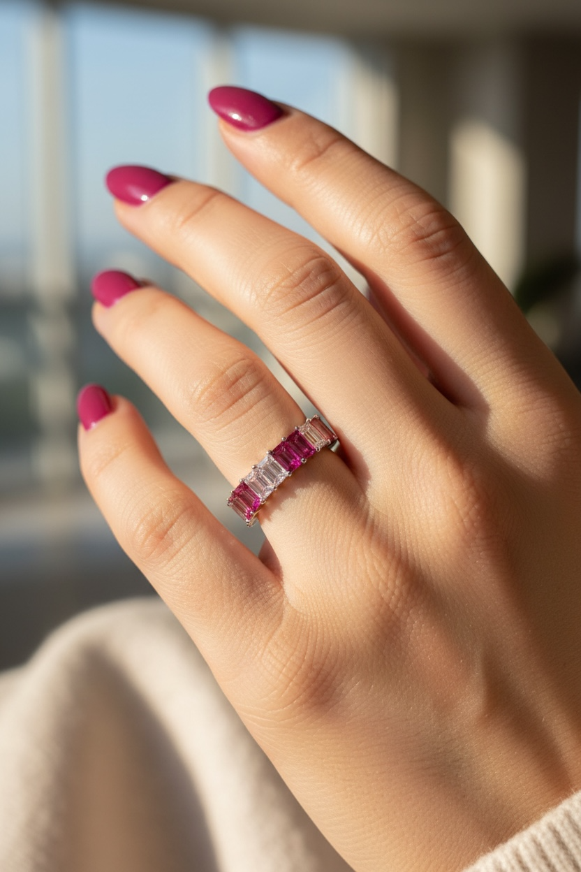 Baguette Eternity Ring — Full Eternity Band with Pink Ruby CZ • Emerald Cut Stacking Ring • Dainty Anniversary Gift for Girlfriend or Sister