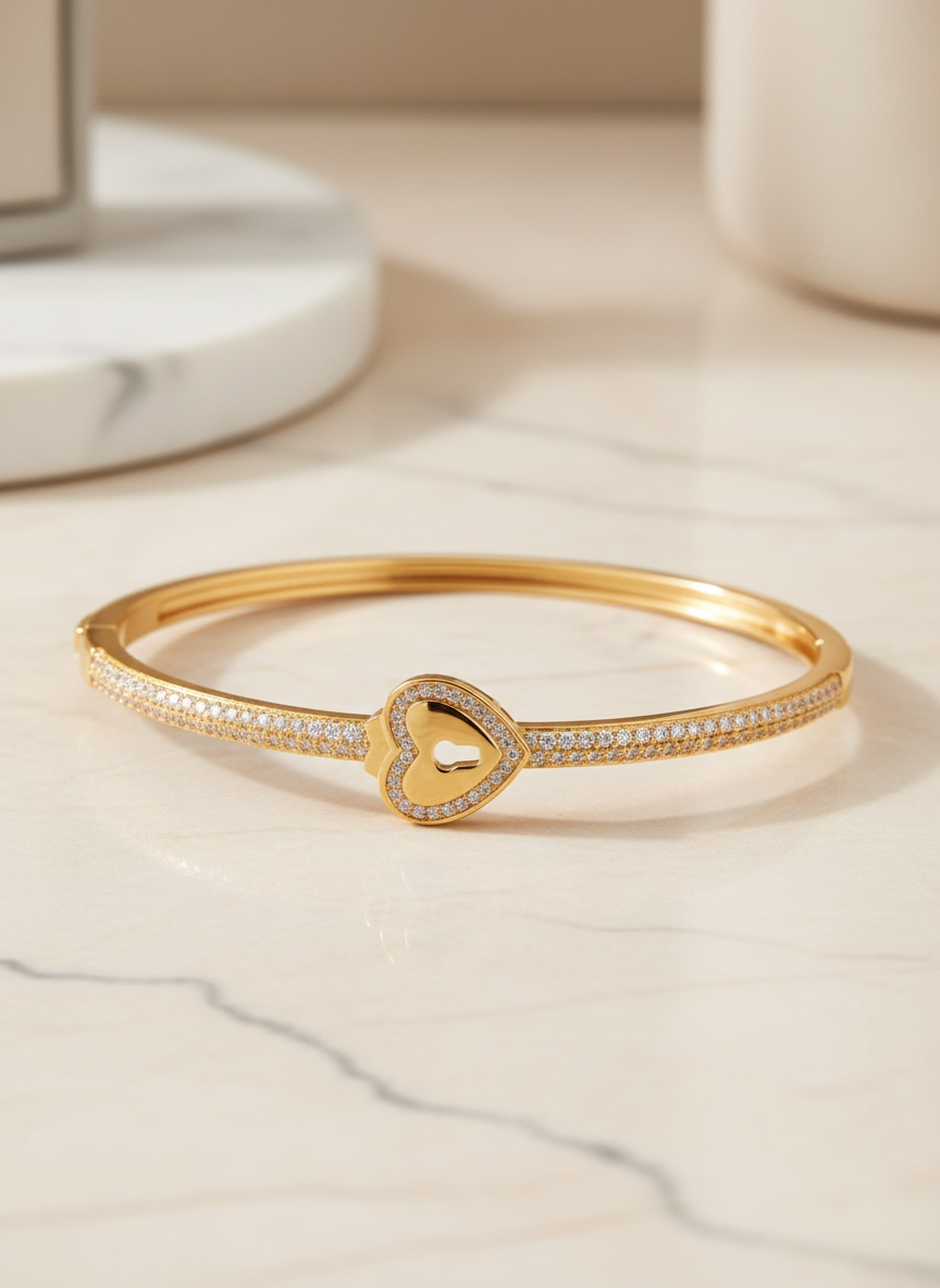 Heart Padlock Bangle Bracelet – 18K White & Yellow Gold Vermeil over Sterling Silver Sentimental Gift for Her, Promise Jewelry