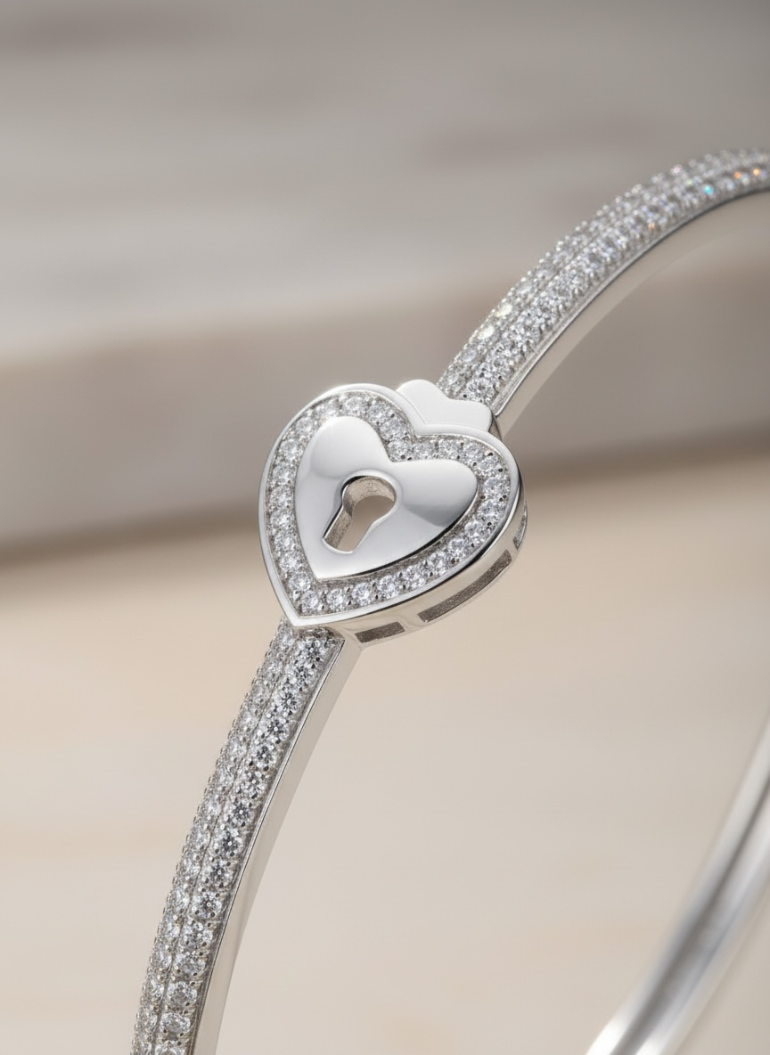 Heart Padlock Bangle Bracelet – 18K White & Yellow Gold Vermeil over Sterling Silver Sentimental Gift for Her, Promise Jewelry