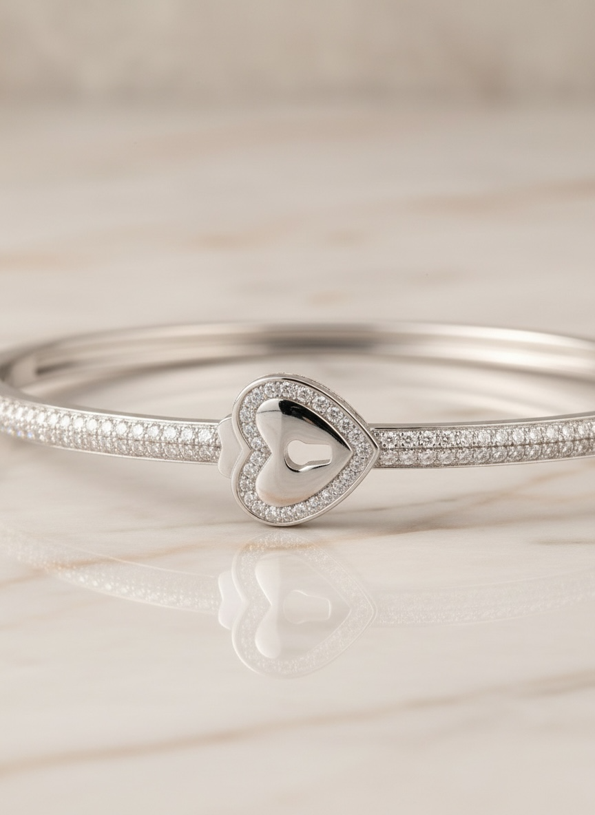 Heart Padlock Bangle Bracelet – 18K White & Yellow Gold Vermeil over Sterling Silver Sentimental Gift for Her, Promise Jewelry