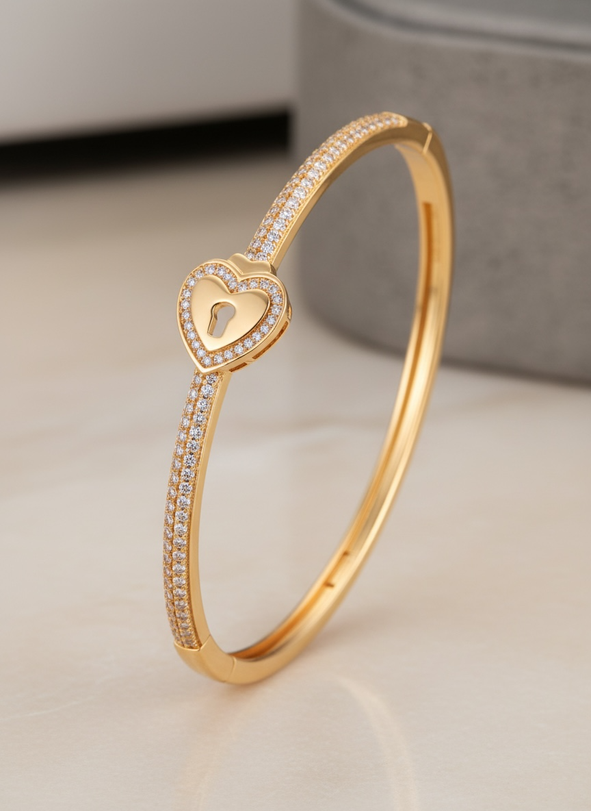 Heart Padlock Bangle Bracelet – 18K White & Yellow Gold Vermeil over Sterling Silver Sentimental Gift for Her, Promise Jewelry