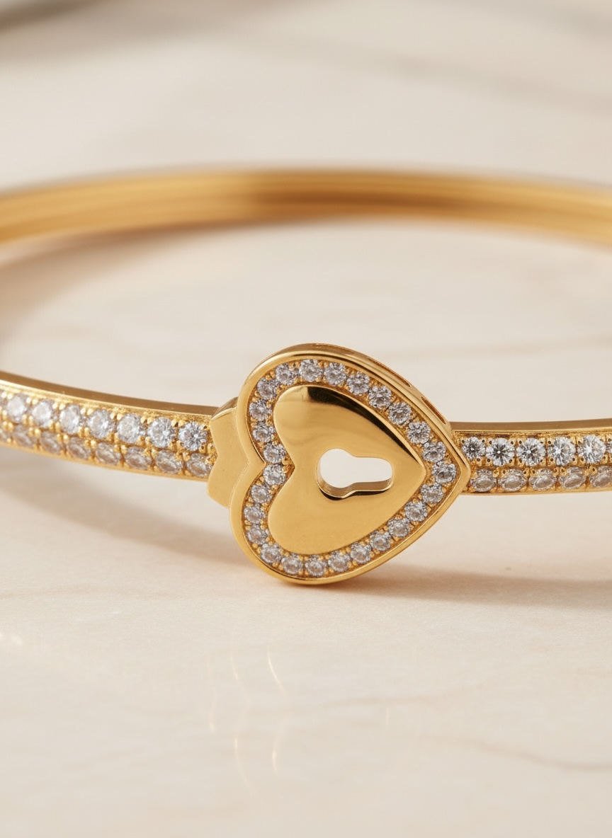 Heart Padlock Bangle Bracelet – 18K White & Yellow Gold Vermeil over Sterling Silver Sentimental Gift for Her, Promise Jewelry