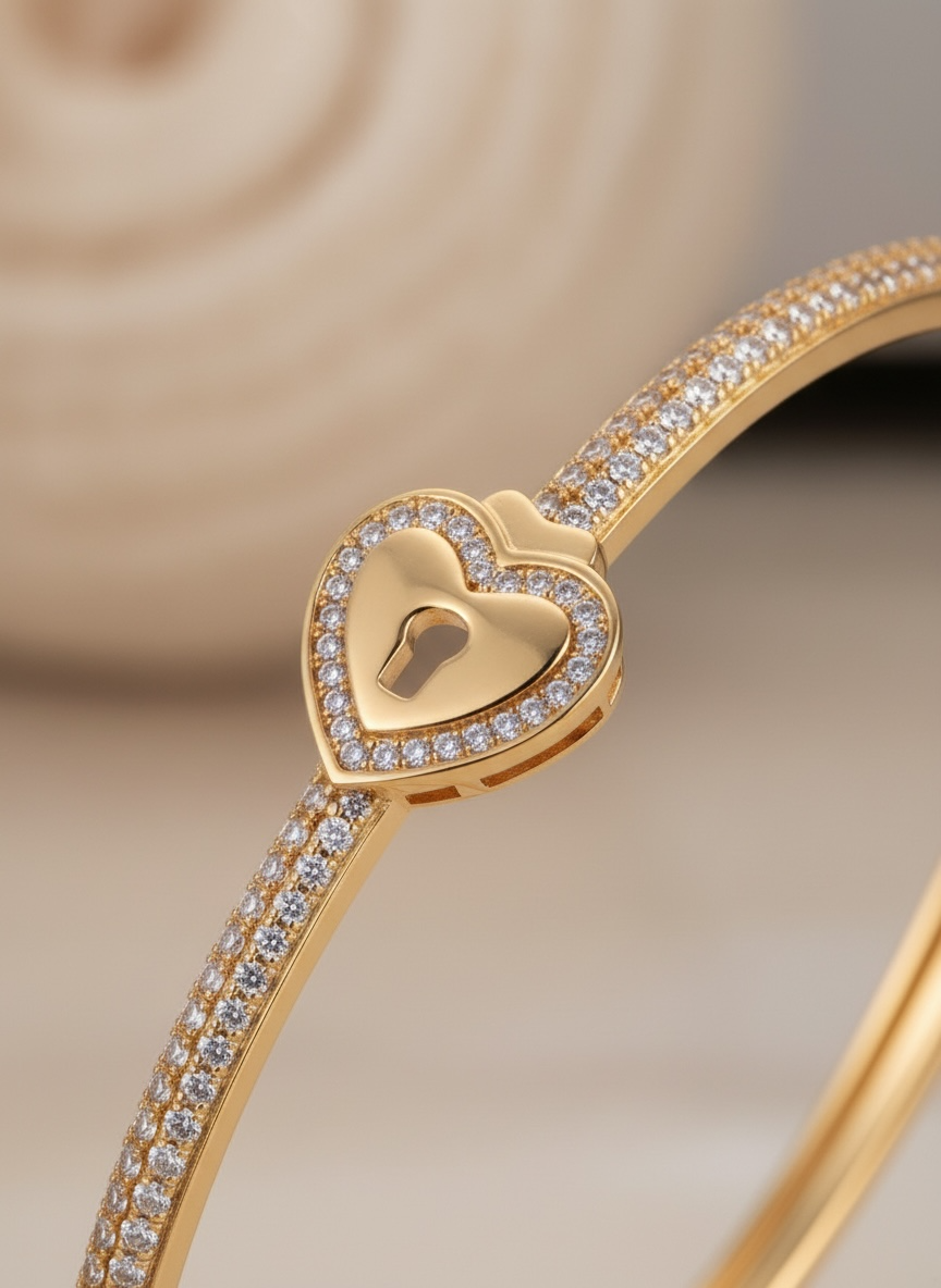 Heart Padlock Bangle Bracelet – 18K White & Yellow Gold Vermeil over Sterling Silver Sentimental Gift for Her, Promise Jewelry